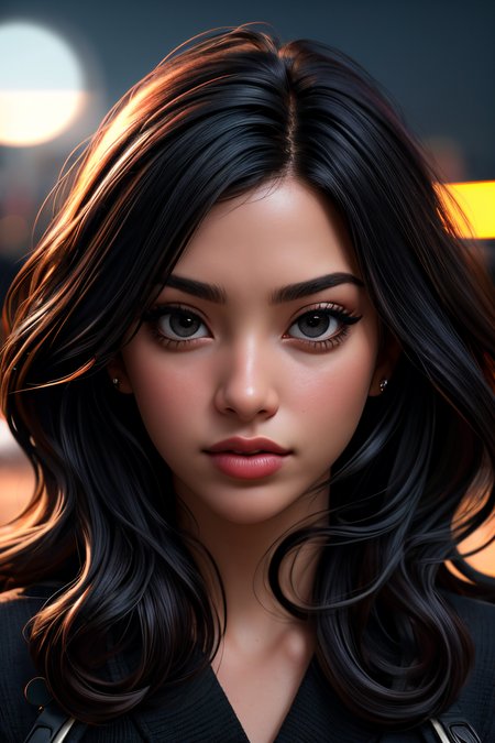 <lora:Sexy-Venezuelan:1>  black wavy hair,  black eyes, full lips, solo, looking at viewer, city background, blurred background, bokeh, deep of field, kkw-ph1, <lora:LORA-XenoDetailer-v2:1>