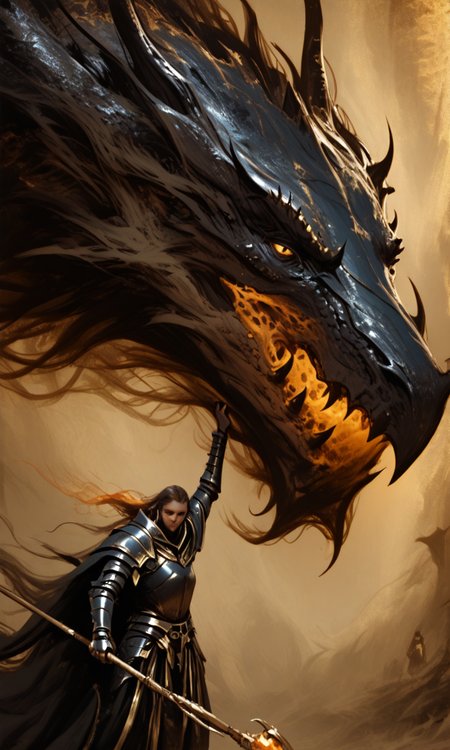 ark atmospheric digital painting of a menacing armored figure wielding a staff while petting a dragon-like creature with glowing orange eyes set against a dark stormy background, masterpiece, fine details, dynamic , <lora:- iLL - PdJ_highres_counterweight _V1.0-step00007000:.6>, <lora:- iLL - vl_abstractbrush_finished_V1.0:.8>