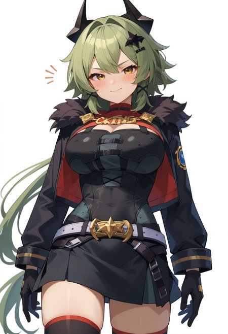score_9,score_8_up,score_7_up,<lora:caesar_king_zzz_pdxl_goofy:1> caesarKingZzz, 1girl, long hair, solo, smile, breasts, hair ornament, white background, belt, closed mouth, thighhighs, cowboy shot, jacket, gloves, bangs, hair intakes, simple background, fur trim, black gloves, black jacket, blush, skirt, very long hair, standing, large breasts, black dress,yellow eyes,