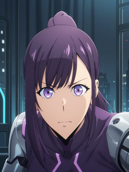 <lora:Sung_JinahIL:1> s_j, 1girl, purple hair, ponytail hair, purple eyes,
looking at viewer, cyberpunk, augmentations, prosthetic, metal arm, GLOWING CYBERNETIC EYE,difficult background, at night, dynamic pose,