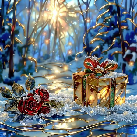 (Masterpiece of Realism, Bokeh: 1.1), this stunning masterpiece captures the view through the glass in a low-angle, close-up 35mm film shot. (Image foreground detail: A bouquet of roses and a golden gift box on a crystal-clear frozen water surface. The water surface is a thin layer of ice, split by sharp lines and forming gentle ripples. A close-up of a bouquet of red ice-sculpted roses at the bottom of the frame shows the petals covered in real snow and encrusted with frost, caressed by soft natural light and glowing like sparkles. The water splashes and ripples, snowflakes dance and swirl around, and a lonely, glittering golden gift box wrapped in overlapping red and green ribbons with gold lines along the edges sits)), ((The glass surface at the forefront of the frame in particular shows transparent glass reflections and refractions. The frost patterns created by the frozen frost on the glass surface form gradients, bringing the foreground beyond the glass into sharp focus)), This intricately detailed masterpiece is captured in an extremely low angle (1.4) and high contrast HDR (1.2), further emphasizing the wonder and mystery of the image, drawing the viewer into a dreamy and transcendent fantasy world. This oil painting masterpiece invites the viewer into a dreamlike world filled with tranquility and beauty.