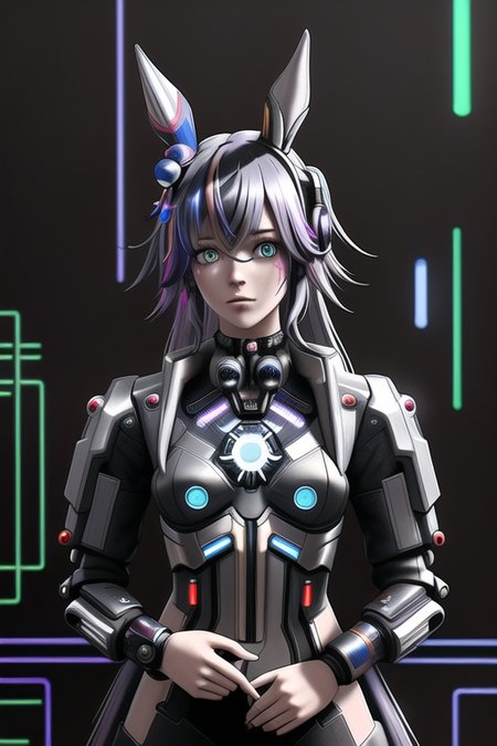 <lora:wonderacute:1>, cyberpunk, neon, extremely detailed, best quality, masterpiece, bokeh, full body

a beautiful young cyborg girl with animal_ears and hair_ornament, 

the background is the cyberspace