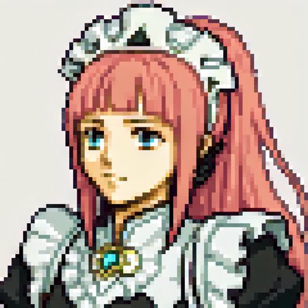 score_9, score_8_up, score_7_up, source_anime BREAK 1girl, solo, <lora:zs_FEGBAPortraitsXL:1> fegbaportraits, portrait, white background, simple background, <lora:felicia-fe-richy-v1_pdxl:0.8> feliciadef, pink hair, long hair, blunt bangs, ponytail, blue eyes, maid headdress, brooch
