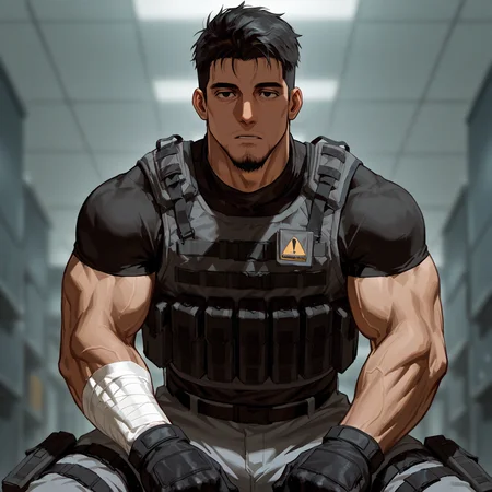 <lora:Mercenary_Ninja_Kamui-000005:.8>, (Mercenary, Black hair, black eyes, goatee, (tactical equipment), tactical Vest, bandaged arm, legband, tactical gloves, open clothing,)
looking at the viewer, cowboy shot, sitting, 
(very short hair, beard, bara, mature, facial hair, stubble, beard, full beard, sideburn, beard, a lot of beard, ), facial hair,male focus, muscular male, muscular male, bara, mature,  bara, mature, aixiwuganda_(20222192), very awa, masterpiece, best quality, absurdres, newest, perfect quality, detailed background, intricate details,
<lora:slider_Body Type_alpha1.0_rank4_noxattn_last:3><lora:Anime Summer Days 2 Style SDXL_LoRA_Pony Diffusion V6 XL:.6><lora:slider_cfg_scale_boost:.7><lora:Artist6p:.55>, Artist6p, Artist04p,<lora:slider_il_brightness_slider_d1:-1><lora:slider_il_contrast_slider_d1:-1><lora:slider_DarkSlider1.2_alpha1.0_rank16_full_300steps:-.6>
