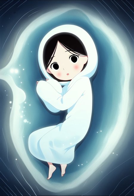 zPDXL3, source_cartoon, Perfect Hands, full body,
1girl, solo, under the sea, looking at viewer, saoirse, black hair, black eyes, blush, ghost, hood up, robe, barefoot, glowing, lying under the sea, from above, lying on side, facing at viewer, feeling cold, eyes open, peaceful emotion, open mouth, sleeve past wrist, slim body, long body, highlight cloth wrinkle, anime style, seals nearby, bubbles, 
<lora:Perfect Hands:1>  <lora:Saoirse_-_The_Song_of_the_Sea-000009:1>