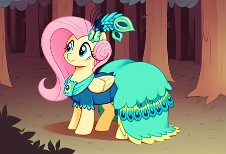 score_9, score_8_up, score_7_up, score_6_up, score_5_up, score_4_up, rating suggestive,my little pony, ((feral pony)),   1girl, ((solo)), (sexy),beautifully detailed, (detailed cute pony face), ((detailed forest background:1.5)), ((woman)), high angle, (cute smile:1.0), ((up-close))  1girl, ((solo)), (sexy,huge butt,hyper hips), full body,  in the forest <lora:Fluttershy_second_Gala:1>Fluttershy, a beautiful dress resembling peacock feathers in green and turquoise tones, a head decoration with feathers and an additional flower,tigh clothes,