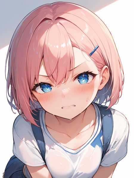 score_9, score_8_up, score_7_up,source_anime, high res image,masterpiece,best quality,(girl:1.0),cute face,clear skin,shiny hair,ultra detailed eyes,simple background, <lora:clenched teeth_pony_V1.0:1> clenched teeth, blush, sweat,closed eyes,hetero