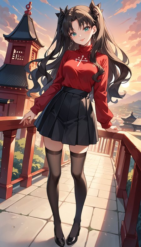 score_9, score_8_up, score_7_up, Anime Style, Full Body Shot, Rin Tohsaka, cute, seductive, innocent, light smile:0.3, plump lips, slender body, aqua eyes, long wavy black hair, twin tails tied with black ribbons, red turtleneck, black skirt, long black stockings under brown leather flats, sunset, buddhist temple background, depth of field, dynamic angle, fashion photography, sharp, hyperdetailed:1.15