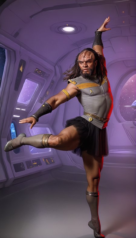 (overweight male:1.2), Klingon alien, dancing in the dark, (ballet dancer in a tutu:1.1), forehead ridges, star trek uniform, brown skin, large eyebrows, (on spaceship:1.3), (dark room:1.3), <lora:d3t41l3dXLP:0.8> d3t41l3d, <lora:add-detail-xl:.7>, (dim lighting:1.3), <lora:klingon_v1:1>,  photo, dramatic lighting,  <lora:Model_2:0.7> Beauty, realist,