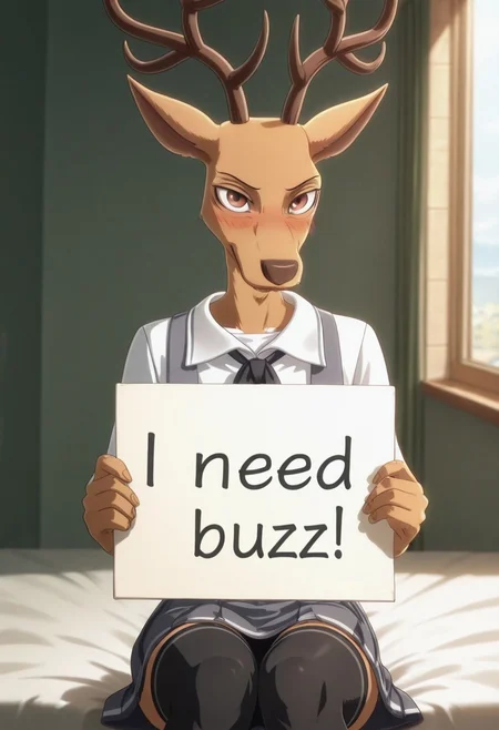 masterpiece, best quality,amazing quality, highest score, absurdres, beastars uniform, female uniform, 1boy, solo, male focus, LouisBeastars, mature male, reddish brown eyes, deer, buck, antlers, brown body, animal ears, femboy male, small shoulders, animal ears, slim build, female uniform, beastars female uniform, femenine male build, tail, standing, clothes, black tigh highs, thighhighs, impossible clothes, skirt, shy, bedroom, day, afternoon lights, blush, front view, sitting, smiling, looking at viewer, need_buzz, holding sign with text "I need buzz", louis holding sign with text "I need buzz"
