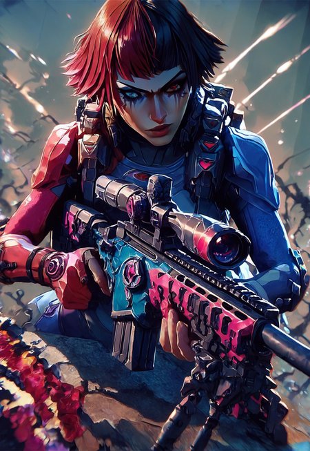 score_9, score_8_up, score_7_up, detailed face,
1girl, patho_fragpunk, two-tone hair, red hair, black hair, heterochromia, blue eye, red eye, zero suit, pink and blue zero suit, eye makeup, mascara, bangs,
standing, sniper rifle, weapon,