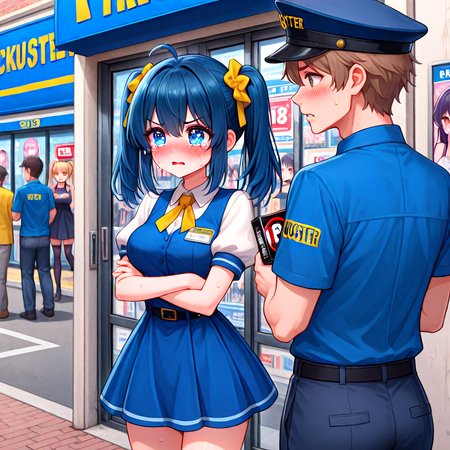 absurdres, explicit, blockbuster, storefront, character print dvd case, holding, 1girl and 1boy, a petite female, shy, blush, unhappy, angry, sweat, breasts, parted lips, twintails, short dress, a tall male, pants, employee uniform, height difference, glass door, glass wall, road, signboard, R18 dvd case, R18 text poster, street, crowd, people, 6+boys, profile, outdoors, looking inside, tearing up, crying with eyes open, police, crossed arms, <lora:girllikeblockbuster_ilxl:1>