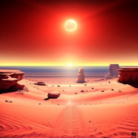 astronaut, sitting cross-legged, alien world, desert, no plants, no animals, lunar lander in the distance, sun rising over horizon, dawn, contemplation,  sand, rocks, cliffs, desolation, arid wasteland, isolated, isolation, score_9,score_8,score_7,score_8_up,score_7_up,score_6_up,