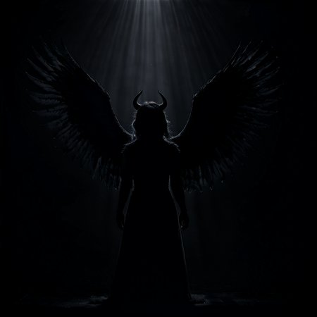 cinematic dark monochrome photo The ominous shadow of a winged demon loomed over her, professional, detailed, <lora:Into_Darkness:1>
