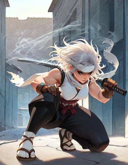 masterpiece, best quality, amazing quality, very aesthetic, absurdres, newest, scenery, highly detailed, from below, (full body), handfixer,
1girl, ronin, asian, long ice messy hair, old white kimono, (long torn white headband), long torn white scarf with smoke effect, cloth belt, beaded bracelet, White Japanese Tabi Socks, sandals, (ice katana with smoke effect), (right hand holding katana, katana over shoulder), ((on one knee, left hand on own knee)), angry, despise, alley, ancient japanese town, outdoor, winter, snow,
<lora:NikkeProfileV2_XLPD:0.8> <lora:HandFixer_pdxl_Incrs_v1:1> <lora:katana-over-shoulder:1> <lora:Ice:1>,
masterpiece, best quality, amazing quality, very aesthetic, absurdres, newest, scenery, highly detailed, dim lightingâââ