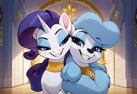 (aerozerorisk), score_9, score_8_up, score_7_up, source_furry, source_cartoon, highly detailed macro illustration, intricate details, high resolution, sharp focus, best render quality, high res, safe, (inside mansion, hallway, marble, detailed background), duo, 2girls, two girls, female, close-up on face, bust shot, my little pony the movie,  BREAK (georgette_oliver, feral, georgette has a black nose, poodle, canine female), beautiful, beautiful detailed eyes, purple eyes, blue hair, (Expressiveh, seductive look, bedroom eyes, smug, fangs, grin), Rarity, feral, pony, side by side