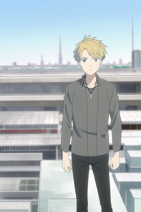 high resolution, professional photography, solo, best quality, 1Boy, Yamato Ishida, Blond Hair, Deep Blue Eyes, Necklace, high-rise, roof top, top of building, strong wind, portrait, standing, building, landscape, depth of field, OverallDetail