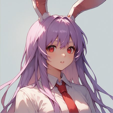 score_9, score_8_up, score_8, score_9, 1 girl,  source_anime,  <lora:reisen_udongein_inaba_ponyxl-10:1.0>, reisen udongein inaba, purple hair, red eyes, rabbit ears, rabbit girl, long hair, portrait, white shirt, red necktie