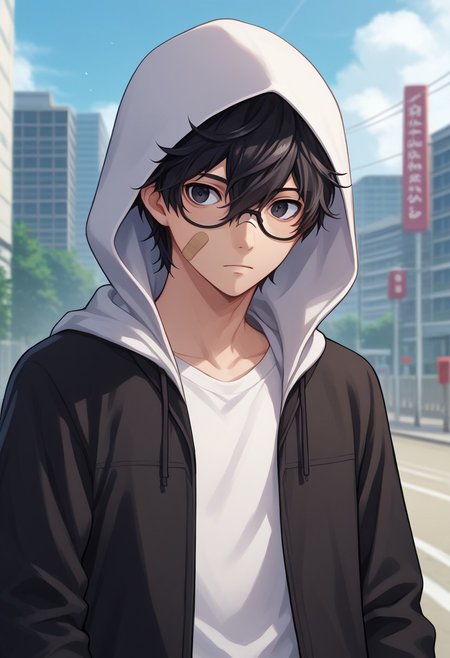 score_9, score_7_up, source_anime 
1boy, male focus, solo, black eyes, black hair, hair between eyes, glasses, short hair, hoodie, white hoodie, hood, hood up, jacket, black jacket, long sleeves, open jacket, open clothes, bandaid, bandaid on face,
outdoor,