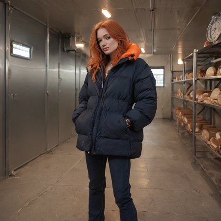 score_9, score_8_up, score_7_up, score_6_up, score_5_up,freezerroom scene, cinematic,Depth of field, bokeh, best quality BREAK
 one irish women, sexy curves, revealing outfit,extra_puffy_jacket , 
 <lora:FreezerRoom:1.4> <lora:Pony_Extra_Puffy_Jackets_V1:0.8>