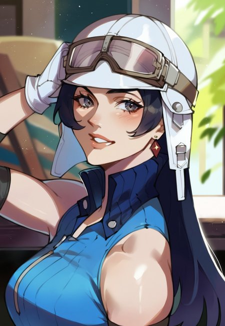 safe_pos, score_9, score_8_up, score_7_up, score_6_up, masterpiece, absurdres, source_anime, detailed,(perfect anatomy:1.1),  perfect body, (perfect hands:1.2), portrait, dynamic light, solo,  
BREAK
asahismtiva, long hair, black hair, helmet, goggles on head,  blue dress, elbow pads, belt, sexy pose, arched back, shot from the side, looking at the viewer
