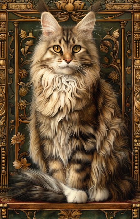 masterpiece,best quality,<lora:tbh167-sdxl:1>,illustration,style of Carlo Crivelli, cute Mainecoon cat and Abyssinian cat