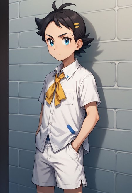 score_9, score_8_up, source_anime, highly detailed, 1boy, solo, skinny, human child,
go2, 1boy, male focus, solo, blue eyes, hands in pockets, shorts, closed mouth, antenna hair, white shorts, shirt, eyelashes, short sleeves, collared shirt, ribbon at neck, yellow ribbon, bangs,
outdoor,