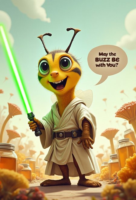 Create a humorous and creative image of a Jedi holding a lightsaber made of a buzzing bee or insect, with a playful expression. The Jedi is standing in a whimsical, cartoon-like environment, with speech bubble saying "May the Buzz be with You!" The background should be lighthearted, possibly featuring floating honey jars or oversized flowers, giving the scene a fun and quirky vibe. The overall style should be vibrant and slightly exaggerated, making the image both funny and engaging.