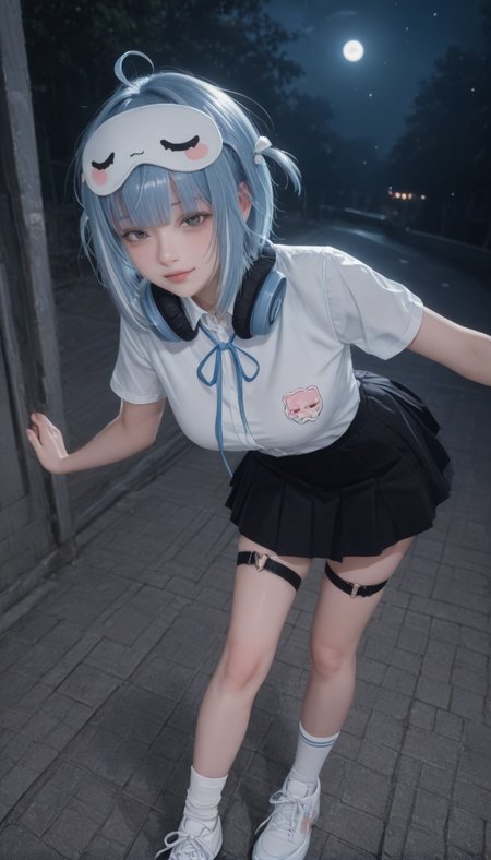 <lora:LCMTurboMix_Euler_A_fix:1> <lora:example_SDXL:0.3>, EZRealPONYXL, <lora:Dramatic Lighting Slider:3> <lora:realistic filter [IL]:1>
DSLR,realistic,cosplay photo, (very awa,masterpiece,best quality,year 2024,newest,absurdres,highres:1), realistic,skin texture,facial features, photography shot with Canon EOS 5D Mark IV , realistic, RAW, best quality, masterpiece, amazing quality, skin details,
1girl, highly detailed beautiful face, large natural breasts,
detailed background, shiny skin, dutch angle, night, moonlight,
beautiful detailed eyes, intricate details, absurdres, anime screencap,
<lora:Yanagi_Nemu_VTuber_ILXL_kill0825:1>
VTNemu, short hair, blue eyes, grey eyes, hair between eyes, blue hair, jacket, ahoge, sidelocks, blunt bangs,
shirt, skirt, hair ornament, ribbon, school uniform, white shirt, short sleeves, pleated skirt, shoes, collared shirt, socks, black skirt, miniskirt, kneehighs, thigh strap, neck ribbon, mask, expressionless, headphones, white socks, white footwear, blue ribbon, sneakers, bandaid, asymmetrical legwear, bandaid on face, mask on head, headphones around neck, bandaid on leg, bandaid on knee, eye mask, thigh belt, sleep mask, heart, two side up, polka dot, uneven legwear, single sock, legwear garter
dynamic pose, seductive smile, standing, looking at viewer, from side, bent over,