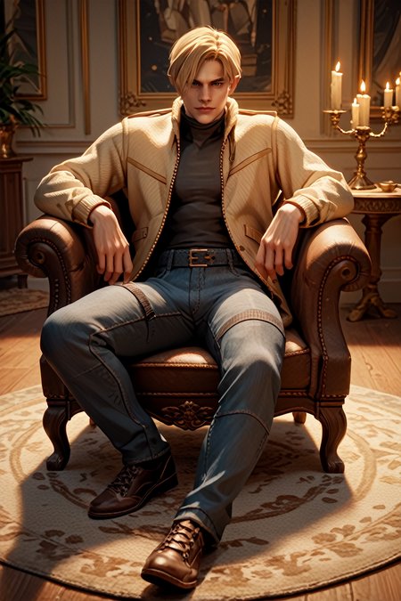 score_9, score_8_up, score_7_up, score_6_up
<lora:RE4Leon:1.0>
RE4Leon, 1boy, blonde hair, looking at viewer, reclining on a luxurious fur rug, with candlelight casting a warm glow, full body