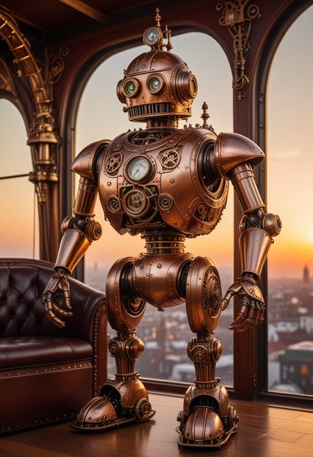(medium full shot) of antique steampunk robot, copper body, with gearwork, helmet with intricate designs, piston-driven legs, clockwork device, set in  an elegant airship, featuring polished brass fittings, intricate ironwork, stylish seating, and sophisticated decor , during sunset, Masterpiece,best quality, photo, realistic, very aesthetic