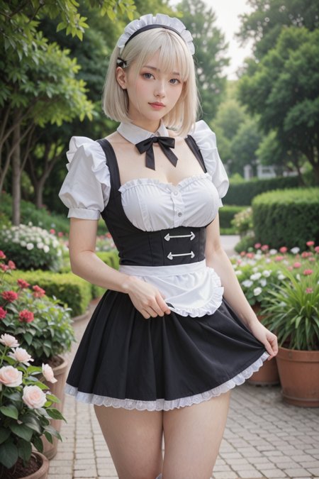 score_9, score_8_up, score_7_up,
1girl,solo,realistic,
beautiful face,beautiful eyes,bangs,hair bangs,looking at viewer,blush,
white hair,medium hair,straight hair,
maid,short skirt,maid_headdress, maid_apron,ribbon, lace-trimmed,frills,black skirt,
(thick thighs:1.2),wide hips,curvy, large breasts, pull down pants, pubic hair,
skirt hold,
white skin,pale skin,mole,sweat,
cute,gentle, garden, flowers, backlight, fog,
<lora:ZSNR-VPXL00-01D:10:lbw=0,1.5,1.5,1,1,1,1,1,1,1,1,1,0,1.5,1.5,0>