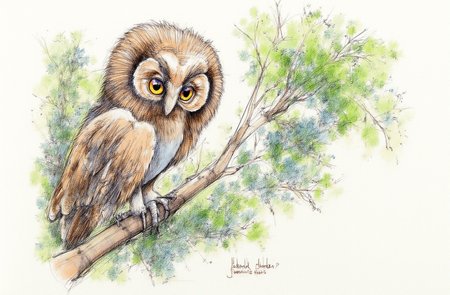 Sharp image of a rough sketch, rendered in vibrant multi colour ballpoint pen, capturing the adorable features of a close-up of an owl perched on a tree branch. The owl is facing towards the right side of the image and its head is turned slightly to the left. It has large, round, orange eyes that are piercing and appear to be looking directly at the camera. Its feathers are a mix of brown and grey, with a hint of white on its chest and wings. The tree branch is covered in green leaves, and the background is blurred, but it appears to be a wooded area with trees and foliage.  p3nsk, <lora:p3nsk:1>