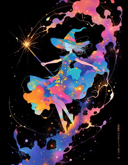 lyh_niji,  vibrant reflective holographic drawing in the style of ckhg, Alphonse Mucha Style, Art Nouveau Poster art  of  silhouette of a witch holds a magic wand and walks on tiptoe like a rhythmic gymnast
cracked light , smokey haze in floating
Illustrations with clear lines in a well-designed posters design, black background
<lora:ck-holographic-glitter-000015:0.3><lora:Alphonse Mucha Style:0.6>