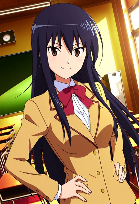 general,highres, ultra-detailed,very aesthetic,best quality ,best hands,best eyes,easynegative,
dynamic angle, dutch angle, anime cloring,anime screencap,
1girl solo,looking at viewer,indoors,classroom, smile,hands on hip,
Shino AMAKUSA,black_hair, long_hair, brown_eyes, large_breasts,school uniform,