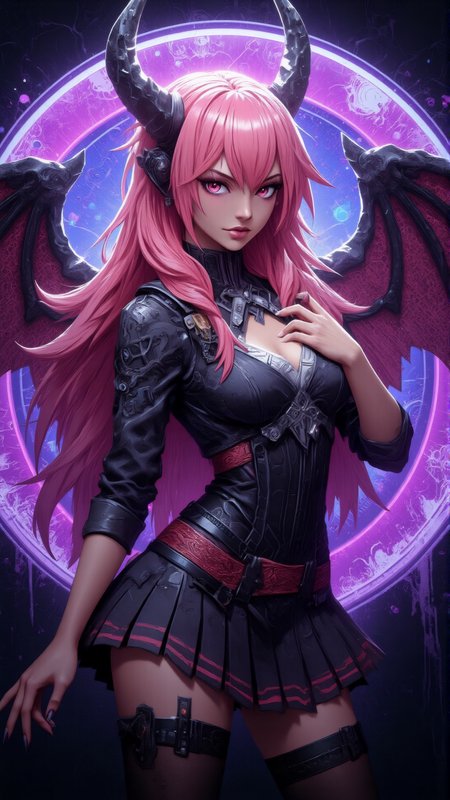 a professional photo shot of a breathtakingly beautiful caucasian woman, 25 yo, long pink hair with a herringbone braid, large demon wings, ((no demon horns)), (japanese school girl uniform), pale skin, diamond shaped face, She has a glamour and slender body with narrow hips, magical circles  as background, magical lights, light particles, dungeon, <lora:Dever_Flux_Enhancer:0.47>  <lora:breast-size4:-1.65> <lora:Hand v2:1> Perfect hand <lora:pose_dev_f1:0.75> <lora:sameface2:-0.2> <lora:Anime v1.3:1.2> anime style <lora:Neon_Cyberpunk_Papercut_1_FLUX:1> mad-pprct1