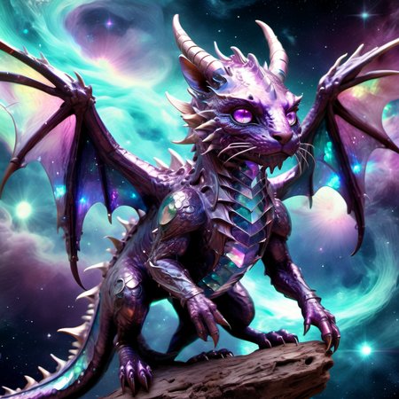 ((best quality)), ((masterpiece)), ((realistic,digital art)), (hyper detailed),DonMC3l3st14l3xpl0r3rsXL  Big Vicious Iridescent Rustic Dragon,  Hoofed, Multi-Tailed, Long-Tailed, Bark-like Skin, Cat Ears, Angelic Wings,, tech, scifi, futuristic , 8K, HDR,  <lora:DonMC3l3st14l3xpl0r3rsXL-000007:1>
