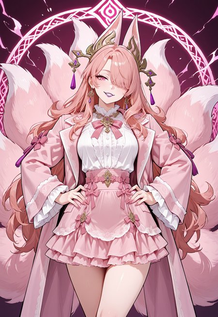 masterpiece, best quality, high details, mature female, sharp, bright colors, vibrant, abstract hypnotic pink magic background, pink magic,
BREAK, 
SujueDaji, light red hair, big hair, very long hair, parted bangs, hair over one eye, 
pink eyes:1.5, purple lips, fox ear headpiece, fox tail, multiple tails, (multiple pink magic fox tails), magic tail, pink tail, pink fur, 
medium breasts, wide hips, narrow waist, deltoids, BREAK, 
pink outfit,
jacket, layered skirt, pink skirt, hair ornament, white shirt, bow, pink jacket, wide sleeves, pink sleeves, 
frilled sleeves, 
red lace, red frills, 
long nails, pink nails, earrings, gold jewelry, 
BREAK, 
cowboy shot, looking at viewer, facing viewer, head tilt, crossed legs, 
hands on own hips, arched back, 
cute, seductive smile, grin