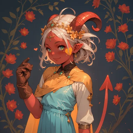 \(young 1girl, (petite demon:1.5), yellow_iris, (red skin girl:1.45), (white_foxy_hair:1.4), big demon sheep (horns:1.1), (blue_adventurer clothes:1.4), (gold-emerald:1.1) tiara, orange cape, brown_leather glove, yellow_heart tatooed on her cheek, pointy tail, white dress (expressive, smirk), blank background, colorful lush flower_frame)\ (detailed picture:1.15),  masterpiece, hi-res,  soft light, score_9, score_8_up, score_7_up, score_6_up, score_5_up, score_4_up, <lora:Expressive_H:0.8> Expressiveh,  <lora:d3t41l3dXLP:0.8> d3t41l3d,  <lora:UjiieMP:1>
