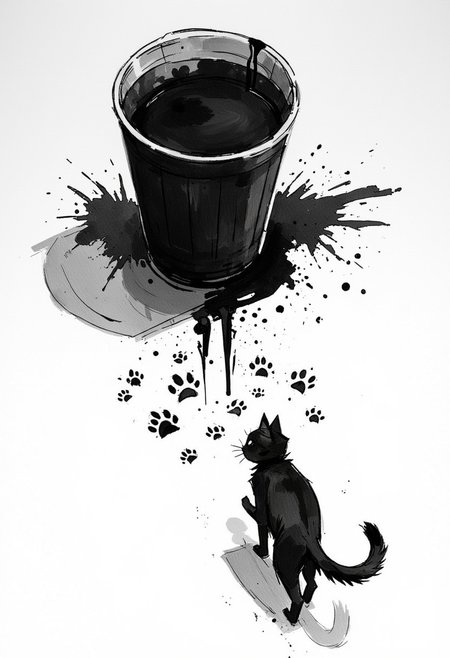A cup of ink spilled over with a cat walking away from it. The ground is stained with cat pawprints