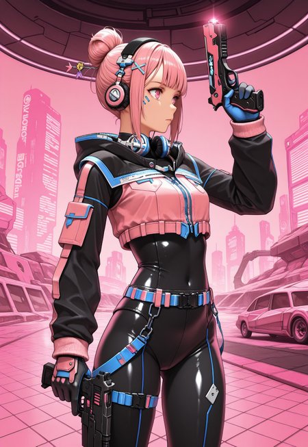 masterpiece, very aesthetic, V4NGU4RD, weapon, 1girl, gun, solo, holding gun, holding, holding weapon, headphones, hair bun, black bodysuit, gloves, bodysuit, handgun, single hair bun, hair ornament, cyberpunk, hooded jacket, belt, hood down, Vanguard Breeches of Scouting, vanguard bolero, pink theme, Neon, glowing 