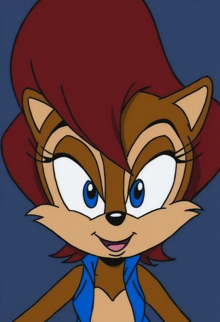 Sally Acorn, sonic character, sonic style, anthro, furry, 1girl, female, solo,
red brown hair, brown fur, blue eyes,
blue boots, blue vest, 
smiling, mouth open, bedroom eyes,
looking at viewer, facing forward,
headshot, head view,
dark lighting,