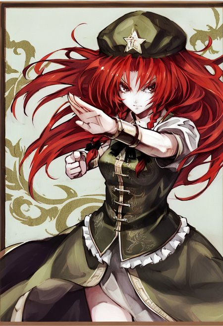 1girl, solo, hong meiling, braid, hat, red hair, fighting stance, long hair, twin braids, star \(symbol\), chinese clothes, red eyes, star hat ornament, hat ornament, dress, short sleeves <lora:banpaiAkiraOSXL_NBVP1_lokr_V6311P:0.95>