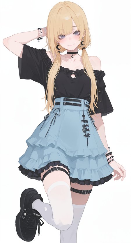 masterpiece,best quality,amazing quality, 1girl, solo, long hair, looking at viewer, blush, smile, simple background, shirt, skirt, blonde hair, white background, thighhighs, closed mouth, jewelry, bare shoulders, twintails, standing, collarbone, short sleeves, earrings, frills, shoes, choker, black footwear, off shoulder, white thighhighs, arm up, bracelet, black shirt, blue skirt, grey eyes, zettai ryouiki, thigh strap, black choker, low twintails, leg up, standing on one leg, frilled skirt, sneakers, crescent, beads, arm behind head, high-waist skirt, off-shoulder shirt, foot out of frame, platform footwear, bead bracelet, crescent earrings, leg belt, pearl bracelet, multiple bracelets, h4ra_illu <lora:ponyv6_noobE11_2_adamW-000017:0.3> <lora:XXX667:0.5> <lora:96YOTTEA-WAI:0.5> <lora:tenebriflora-wai:0.5> <lora:hara_id_21:0.8>