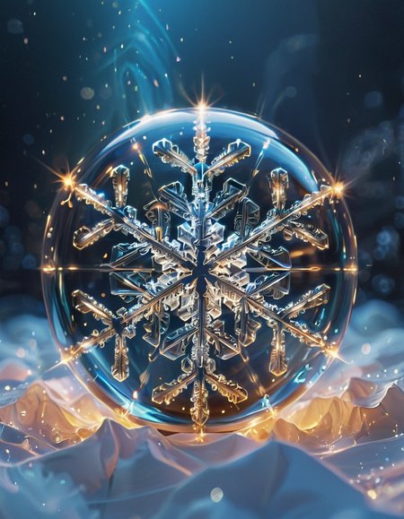 (high quality), (masterpiece), (detailed),8K, An award-winning glowing snowflake, encased in a perfectly transparent glass bubble, floats delicately within a surreal winter setting. Its intricate, symmetrical crystalline patterns radiate a mesmerizing, golden luminosity, blending warm hues of amber, peach, and soft rose that glow softly through the glass. The bubble is adorned with delicate frost patterns along its edges, reflecting and refracting the snowflake’s warm light, casting a magical aura on its surroundings. Encased within, the snowflake sparkles with fine detail, as if suspended in time, evoking feelings of joy, serenity, and wonder, captivating all who witness this breathtaking masterpiece, glowneon, geometric, GlowingInk