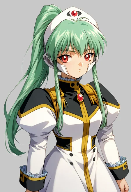 score_9, score_8_up, score_7_up, source_anime BREAK 1girl, solo, ga_vanilla,  (1990s\(style)\:0.3), cowboy shot, military uniform, puffy long sleeves, frilled skirt, headgear, white pantyhose, green hair, ponytail, sidelocks, bangs, red eyes, looking at you, simple background <lora:ga_vanilla:1> <lora:cnv3mdde878c738thn20:0.5>