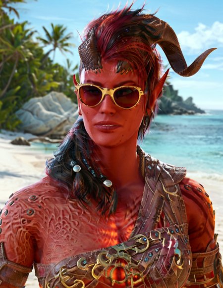 cinematic still woman, horn, red skin, sunglasses, beach . emotional, harmonious, vignette, 4k epic detailed, shot on kodak, 35mm photo, sharp focus, high budget, cinemascope, moody, epic, gorgeous, film grain, grainy, woman, horn, red skin, sunglasses, beach, attractive, highly detailed full perfect intricate stunning fine detail delicate pretty shining light great composition, extremely aesthetic, dynamic background, ambient cinematic color, epic artistic, focus, glamorous, designed futuristic, dramatic atmosphere, vivid, elaborate, very inspirational, beautiful, elegant, appealing, rich deep vibrant colors, creative, inspiring, amazing