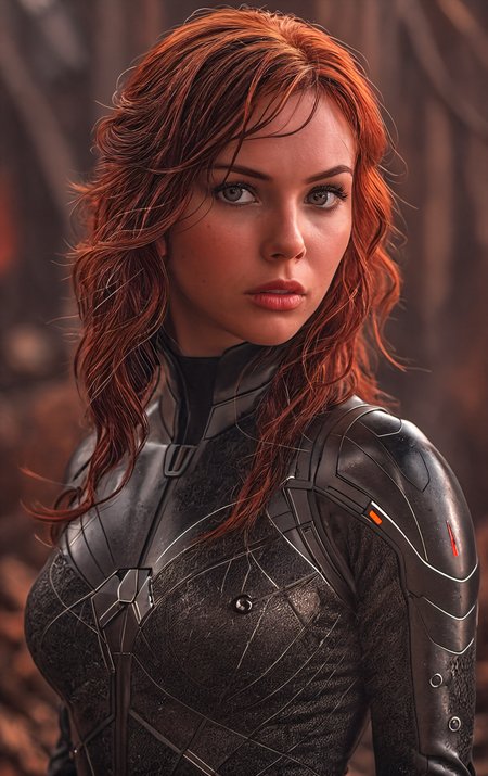 "Black Widow" from Marvel Comics Avengers,red hair,otherworldly background,intricate details,highly detailed photograph,8K,extreme photography,masterpiece,trending,pulls the viewer in,expert use of shading gives a 3d effect,(photorealistic:1.6),film grain,photographed on a Sony A7R IV,18mm F/1.7 cine lens,(highly detailed, intricately detailed),8k,HDR,