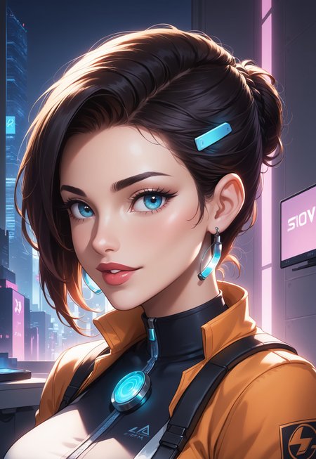 score_9, score_8_up, score_7_up, 1girl, solo, futuristic scientist, sleek lab coat with glowing neon accents and high-tech gadgets, advanced holographic tablet with a transparent screen and interactive controls, short curly black hair with cybernetic implants, realistic, cinematic angle, cinematic lighting, slender body, intelligent face, bright blue eyes, focused pose
BREAK
working in a high-tech laboratory
BREAK
source_sci-fi_art, rating_explicit, expressive, full body, dynamic pose
BREAK
detailed beautiful background, futuristic lab with advanced machinery and holographic interfaces, glowing neon lights and transparent screens, robotic assistants and floating drones, distant cityscape visible through large windows, innovative atmosphere with a sense of discovery and progress
<lora:Expressive_H:0.6>Expressiveh, (SimplepositiveXLv1:1.3), (upper body, full clothed:1.85) ((masterpiece)) (ultra realistic, 32k, masterpiece:1.2), (high detailed skin:1.1), (high quality:1.1) (((full clothed))) <lora:DandonFuga_Style_v.2_-_Pony:0.8> 
<lora:add-detail-xl:1> 
<lora:Dynamic Poses:1>