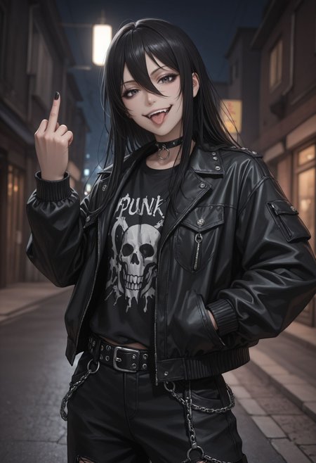 masterpiece, best quality, newest, (realistic:0.5), solo, looking at viewer,
 <lora:Seike Taroumarui Illu :1> 1girl, black hair, long hair, hair between eyes,  ((punk outfit,)), smile, open jacket, hand on pocket, goth eyeliner, open mouth, full teeth, middle finger, tongue out, black nails, looking at viewer, outdoor, street, holding baseball batt, night, punk expression,